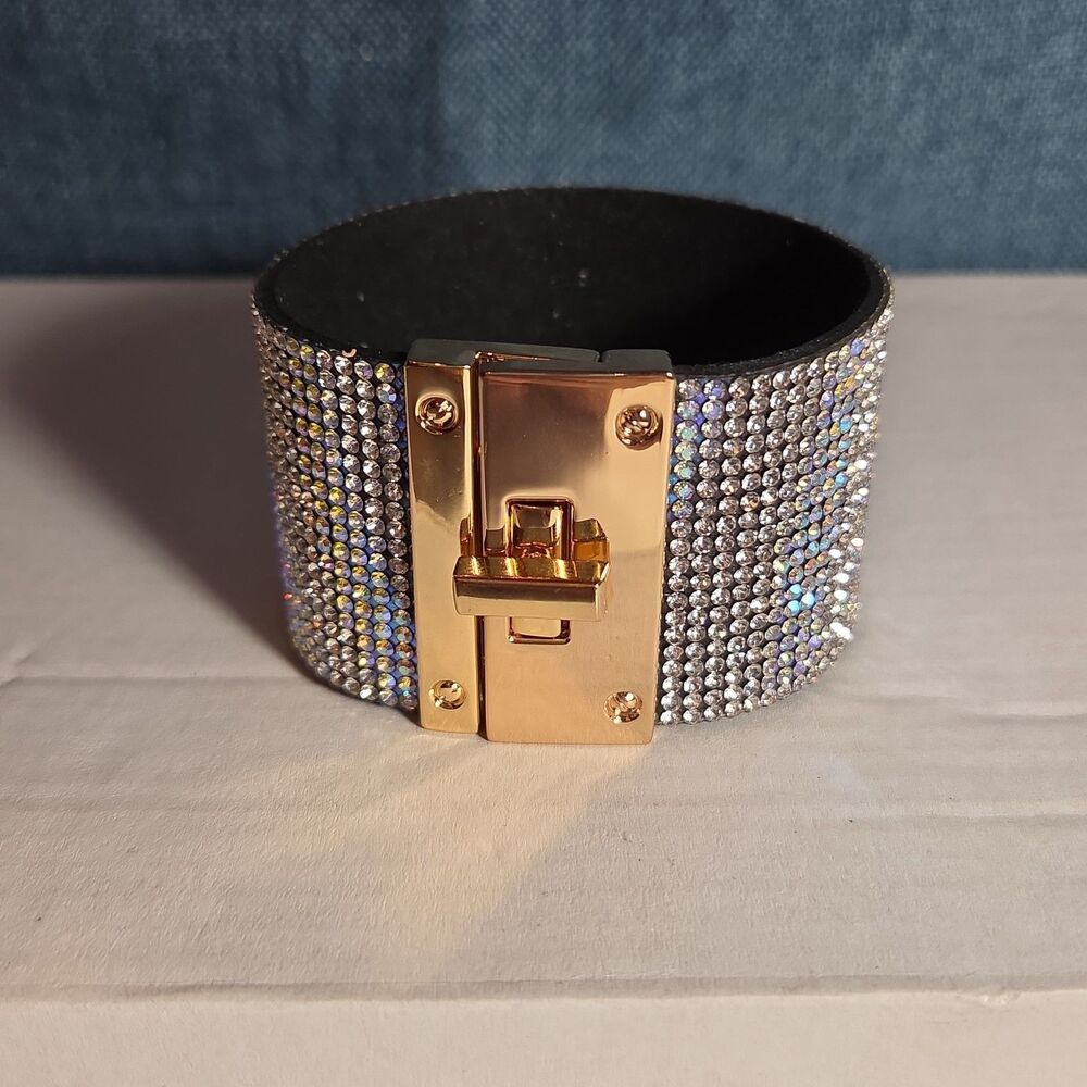 Rhinestone Wide Cuff Bracelet AB Crystal Gold Tone Y2K Glam Style NWOT - Picture 8 of 16
